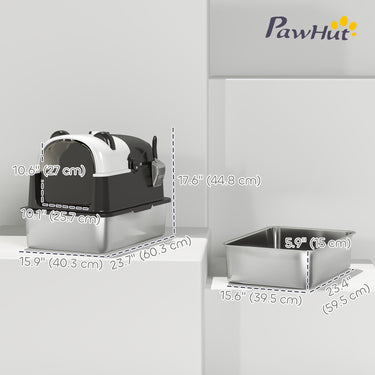 PawHut Panda Style XL Stainless Steel Cat Litter Box with Lid, Enclosed Kitty Litter Box with Scoop, 23.7" x 15.9" x 17.6"