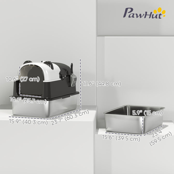 PawHut Panda Style XL Stainless Steel Cat Litter Box with Lid, Enclosed Kitty Litter Box with Scoop, 23.7" x 15.9" x 17.6"