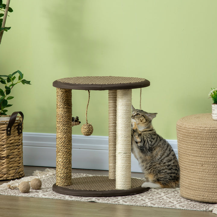 PawHut 17" Cat Tree, Kitty Activity Centre with Hanging Toys, Cat Tower with Jute, Sisal, Seagrass Scratching Post, Brown