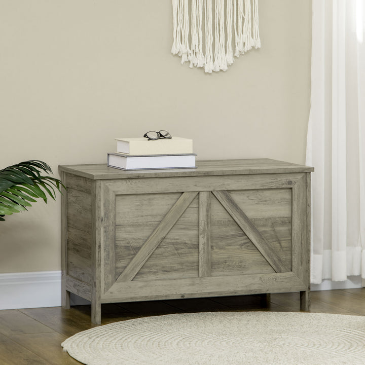 HOMCOM Storage Trunk Box Organizer with Farmhouse Panel Safety Hinge to Open Up 100° Natural