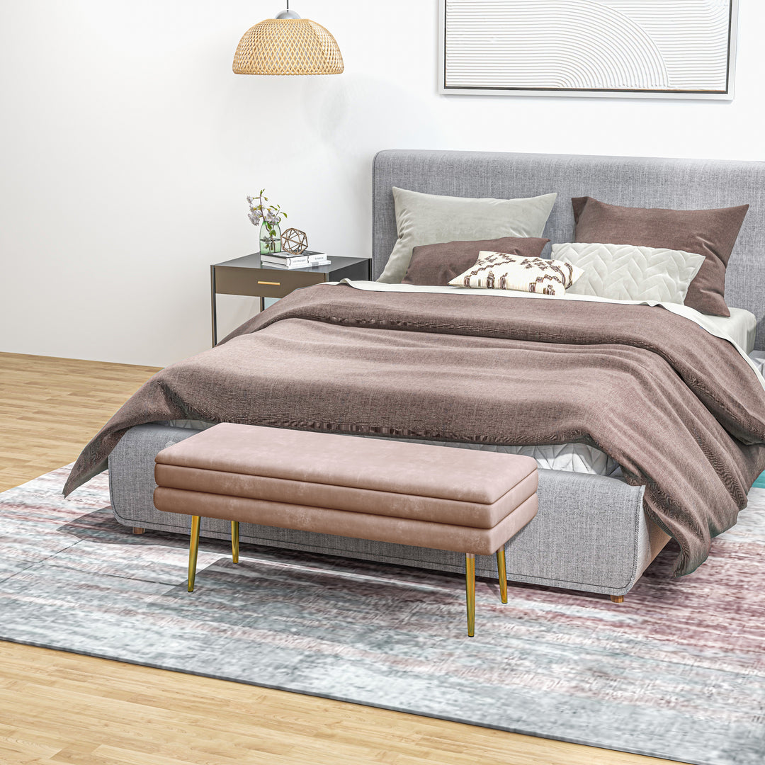 HOMCOM 39" Storage Ottoman, Velvet End of Bed Bench with Steel Legs, Foot Stool with Storage for Bedroom, Living Room, Pink