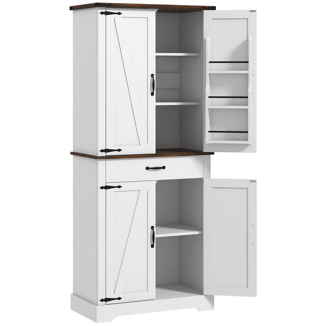 HOMCOM 71" Tall Kitchen Cabinet, Farmhouse Pantry Cabinet with Barn Doors, Drawer and Adjustable Shelves, White