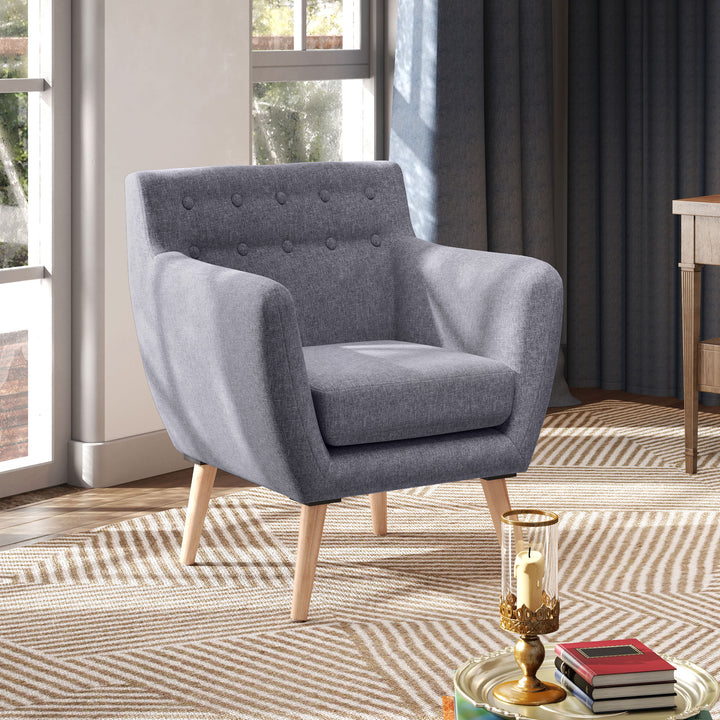 HOMCOM Linen Upholstery Armchair, Mid-Century Modern Accent Chair with Wood Frame and Thick Padding, Light Grey