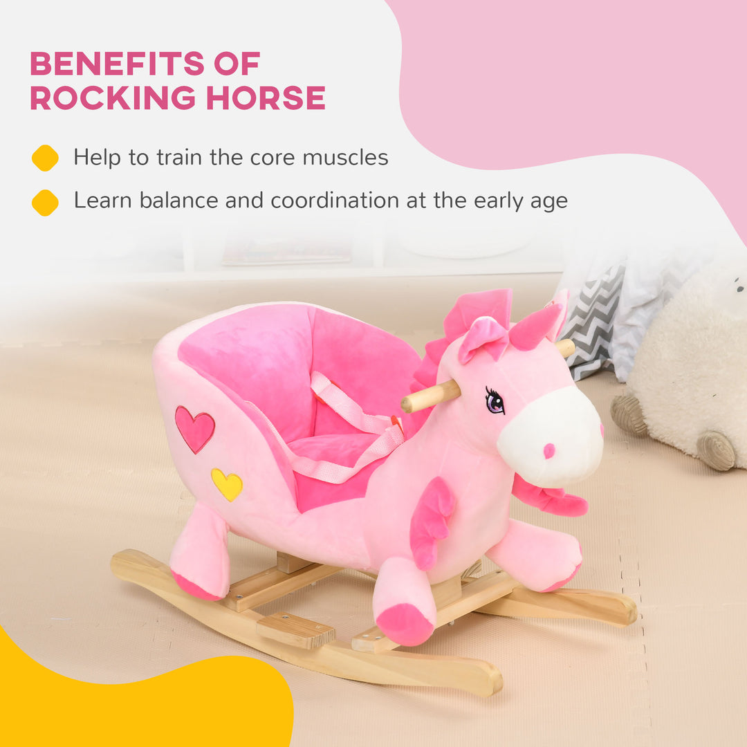Qaba Baby Rocking Horse Ride On Unicorn with Songs, Toddler Rocker Toy with Wooden Base Seat Safety Belt for 1.5-3 Year Old, Pink