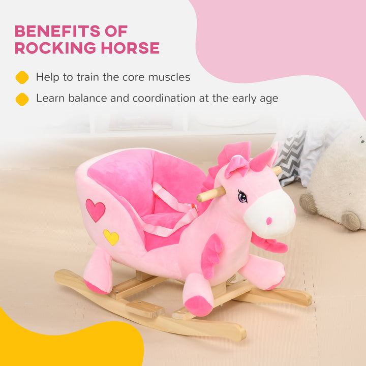 Qaba Baby Rocking Horse Ride On Unicorn with Songs, Toddler Rocker Toy with Wooden Base Seat Safety Belt for 1.5-3 Year Old, Pink