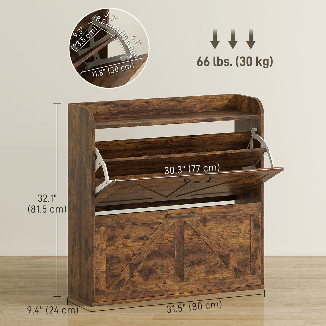 HOMCOM Narrow Shoe Storage Cabinet, Farmhouse Slim Shoe Cabinet with 2 Flip Drawers, Adjustable Shelves, White Oak