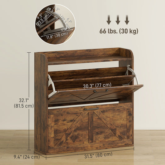 HOMCOM Narrow Shoe Storage Cabinet, Farmhouse Slim Shoe Cabinet with 2 Flip Drawers, Adjustable Shelves, Rustic Brown