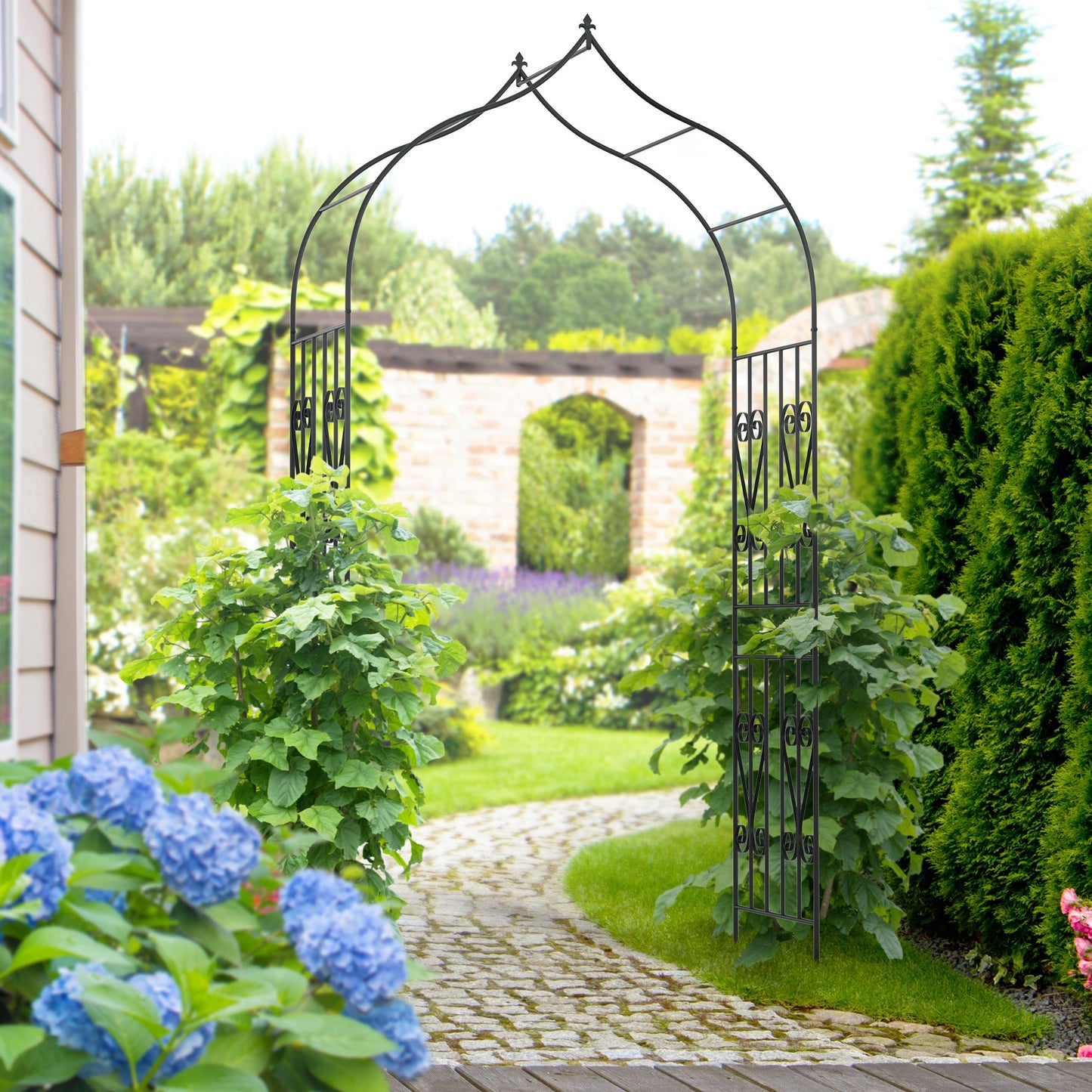 Outsunny 8.7FT Garden Arch Trellis, Outdoor Wedding Arbor for Ceremony with Scrollwork Design for Climbing Roses, Vines and Plants