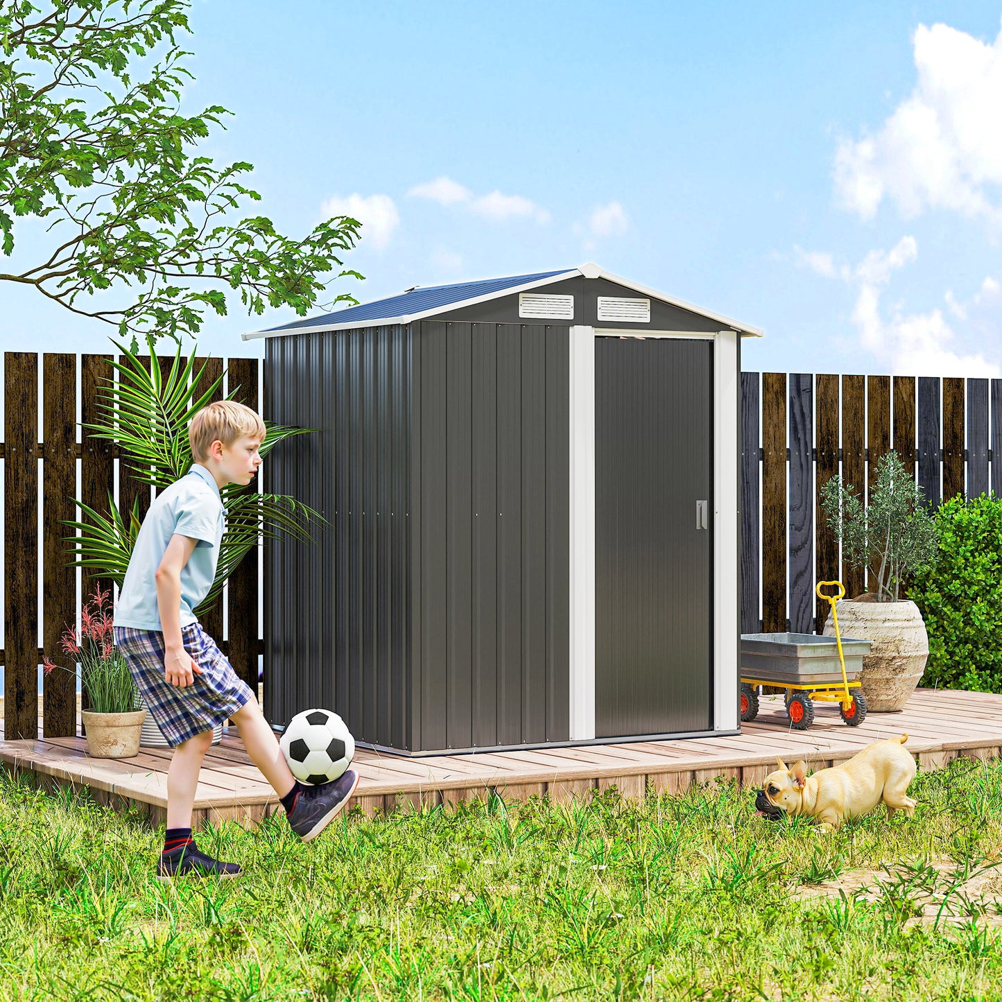 Outsunny 5ft x 4ft Garden Metal Storage Shed, Tool Storage Shed with Top Vents, Sliding Door, Sloped Roof and Foundation Kit for Garden, Patio, Lawn, Dark Grey
