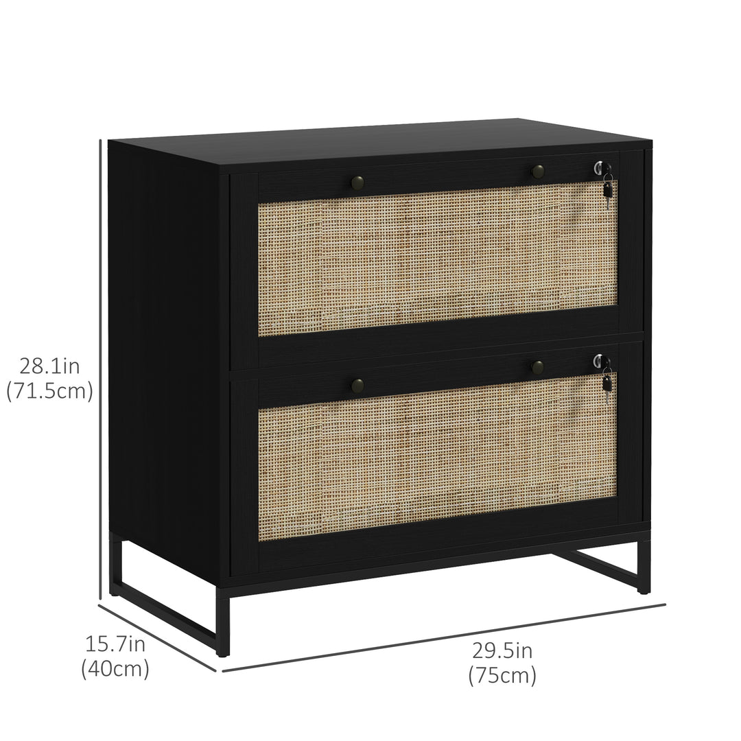 Vinsetto 2-Drawer Filing Cabinet with Lock, Rattan File Cabinet with Adjustable Hanging Bar, Natural