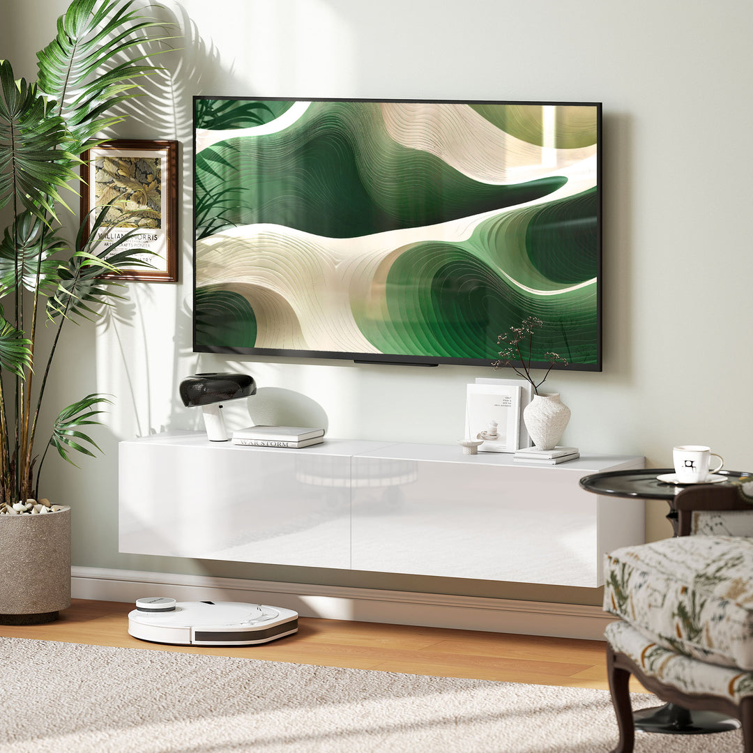 HOMCOM Floating TV Stand with Storage Cupboards for 45, 55, 65in TVs, Wall Mounted TV Console Entertainment Unit, White
