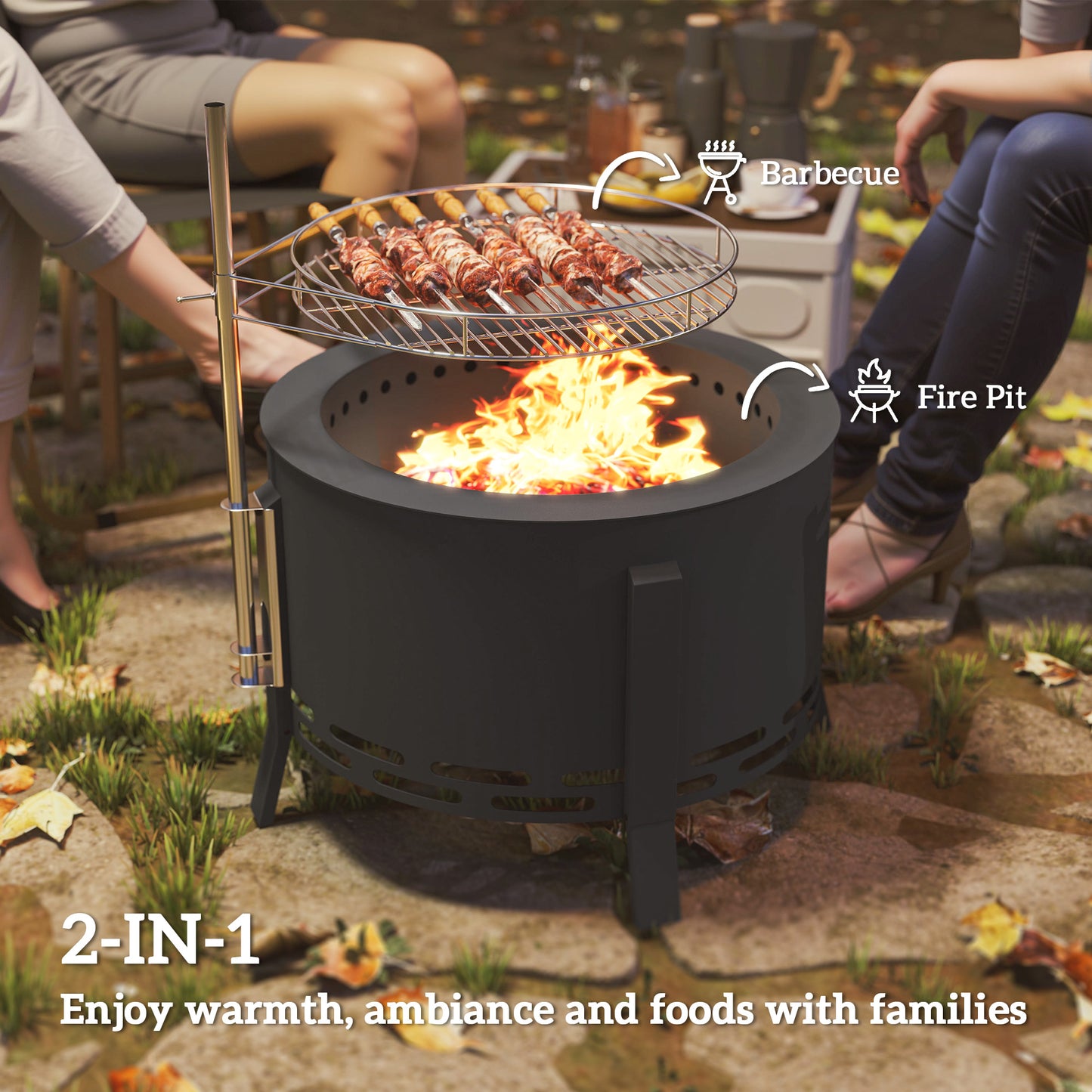 Outsunny Outdoor Fire Pit, Round Firepit with Grill Grate, Fire Bowl with Ash Catcher and Poker for Backyard Camping Bonfire Picnic, Black