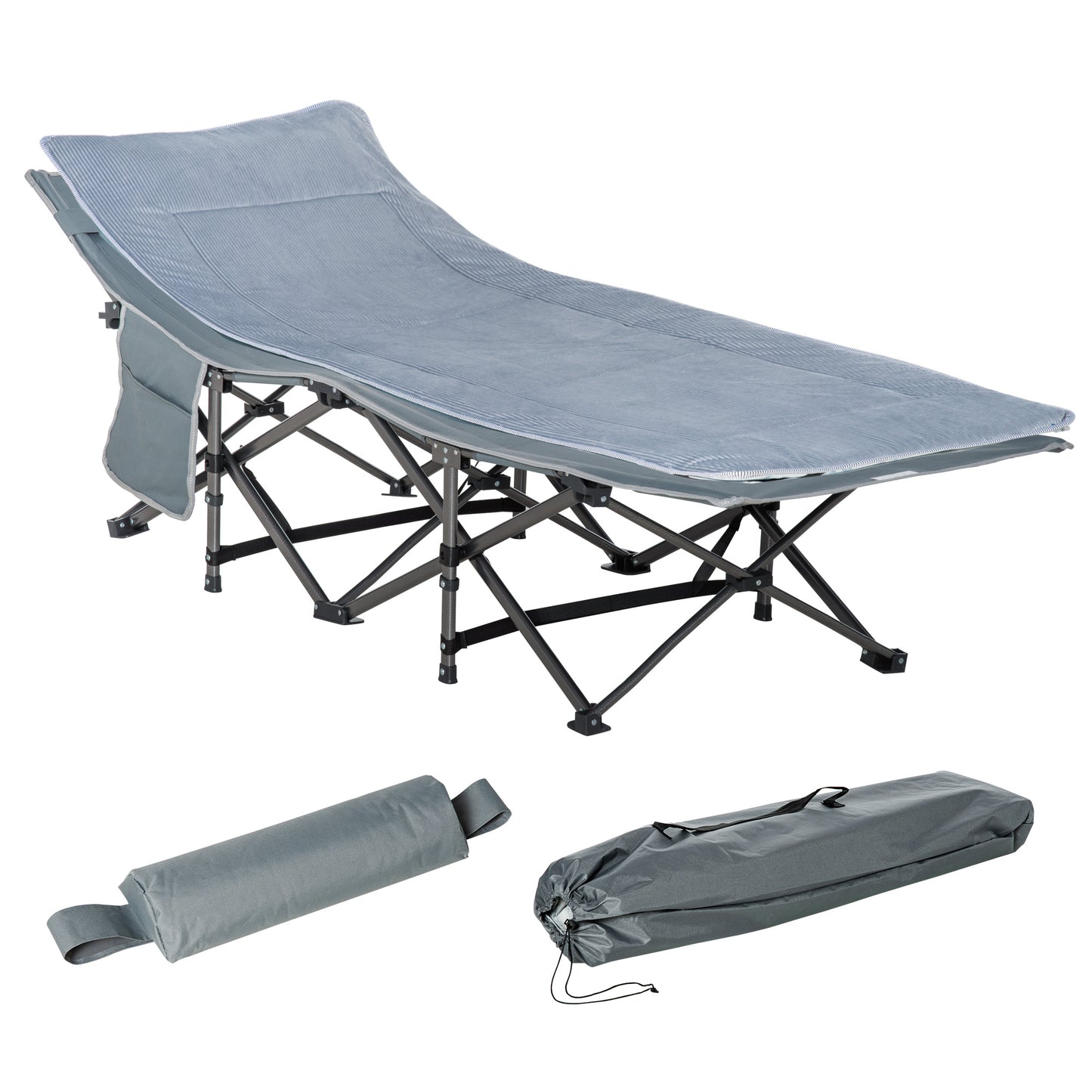 Outsunny Folding Camping Cot with Mattress & Pillow, Double Layer Oxford Heavy Duty Sleeping Cot with Carry Bag Light Grey