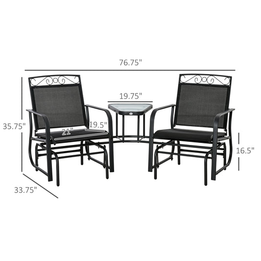 Outsunny Outdoor Glider Bench with Coffee Table, Patio 2-Seat Rocking Chair Swing Loveseat with Breathable Sling for Backyard Garden Porch, Black