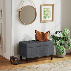 HOMCOM Storage Ottoman, Linen Fabric End of Bed Bench with Button Tufted Storage Bench for Bedroom, Grey