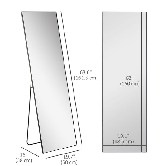 HOMCOM 64"x20" Full Length Mirror, Floor Standing, Wall-Mounted or Leaning Against Wall Tall Mirror w/Support Frame, Rectangular Full Body Mirror for Bedroom, Living Room, Black