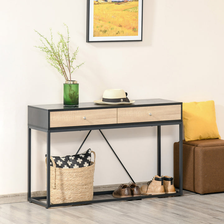HOMCOM Console Table, Hallway Table with 2 Drawers, Steel Frame Sofa Table for Entrance and Living Room, Black