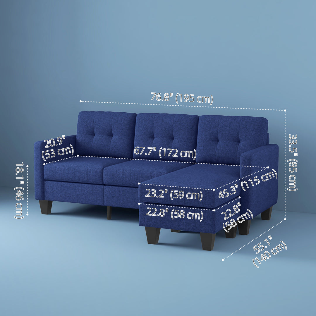 HOMCOM L-shaped Sofa, 3 Seater Couch with Ottoman, Corner Sofa with Thick Padded Cushion and Wood Legs, Dark Grey