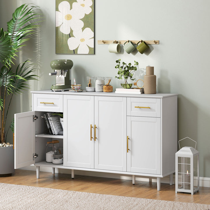 HOMCOM 55" Buffet Cabinet with Soft-Close Doors, Modern Sideboard with 2 Drawers, 3 Adjustable Shelves and 4 Doors, White