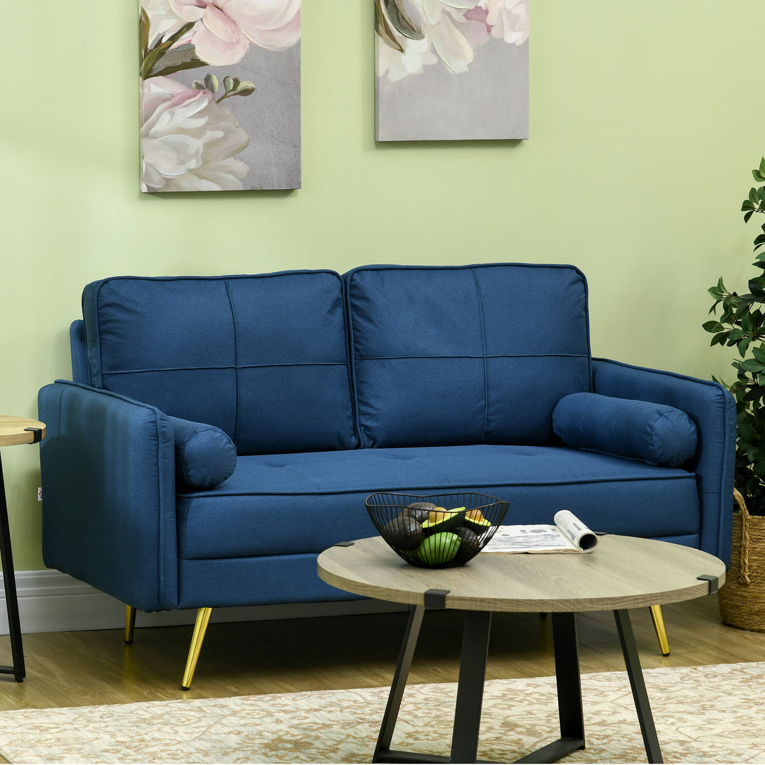 HOMCOM 56" Loveseat Sofa for Bedroom Upholstered 2 Seater Couch with Back Cushions and Pillows, Blue
