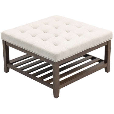 HOMCOM Ottoman Coffee Table, 32 Inch Square Footrest Ottoman with Storage, Linen Upholstered Tufted Footstool, Beige