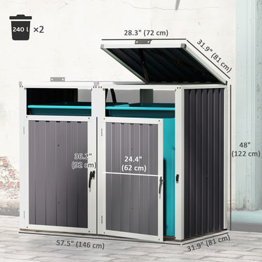Outsunny Double Garbage Bin Shed, Lockable Outdoor Storage Shed with Openable Lid, Galvanized Frame for Garden Patio, Dark Grey