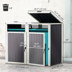 Outsunny Double Garbage Bin Shed, Lockable Outdoor Storage Shed with Openable Lid, Galvanized Frame for Garden Patio, Dark Grey