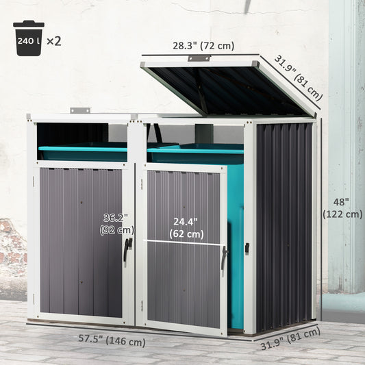 Outsunny Double Garbage Bin Shed, Lockable Outdoor Storage Shed with Openable Lid, Galvanized Frame for Garden Patio, Dark Grey