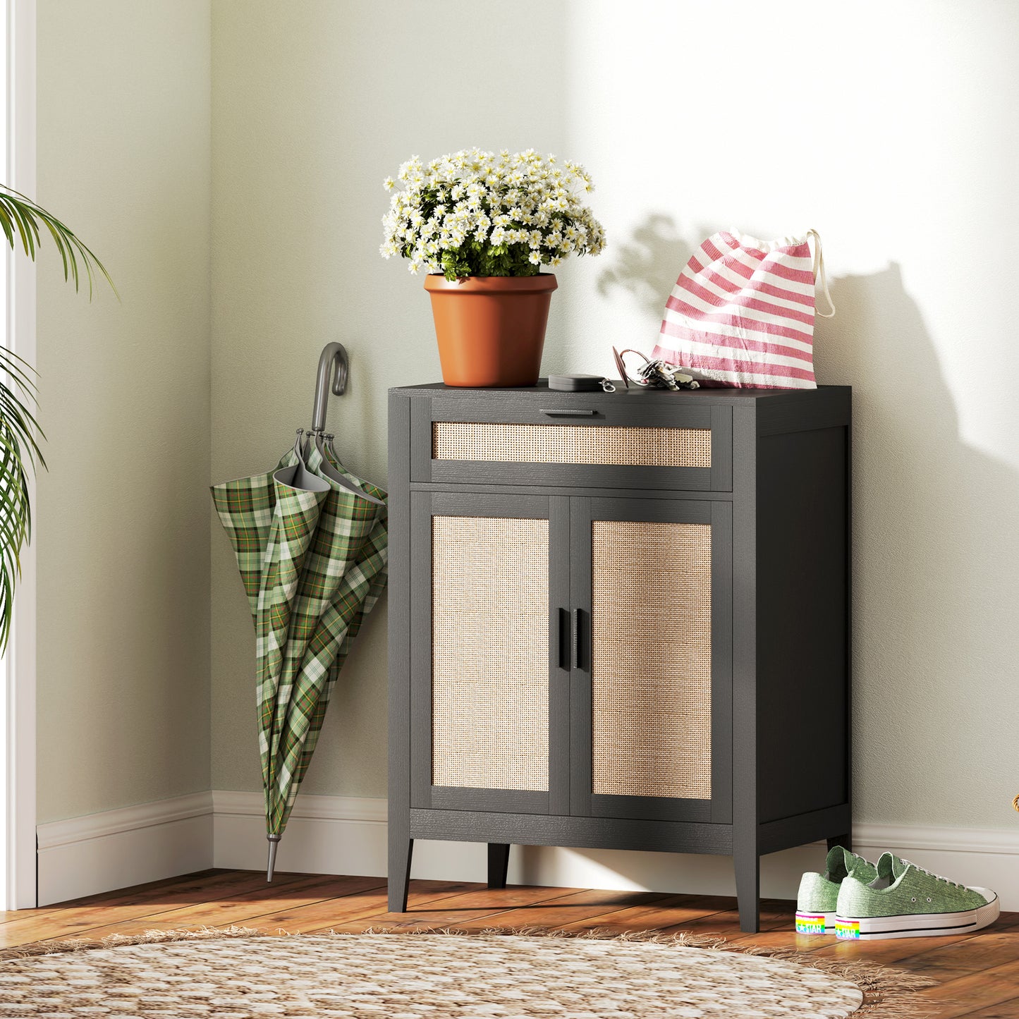 HOMCOM Kitchen Sideboard Cabinet, Boho Buffet Table with Decorative Rattan Doors and Drawers for Dining Room, Black