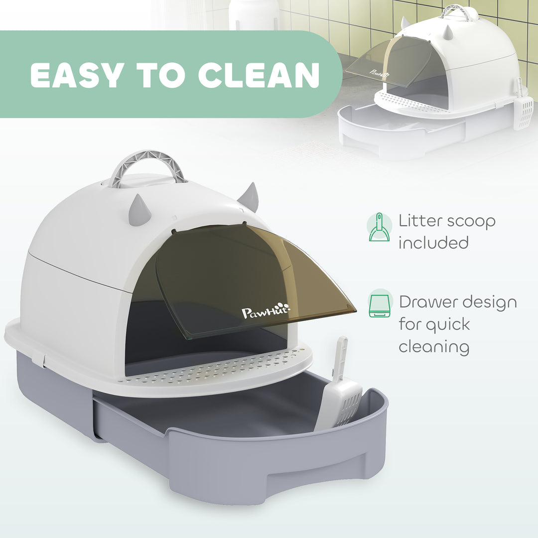 PawHut Cat Litter Box with Lid, Front Door Flap, Scoop, Handle, Easy Clean, for Small and Medium Cats, Grey