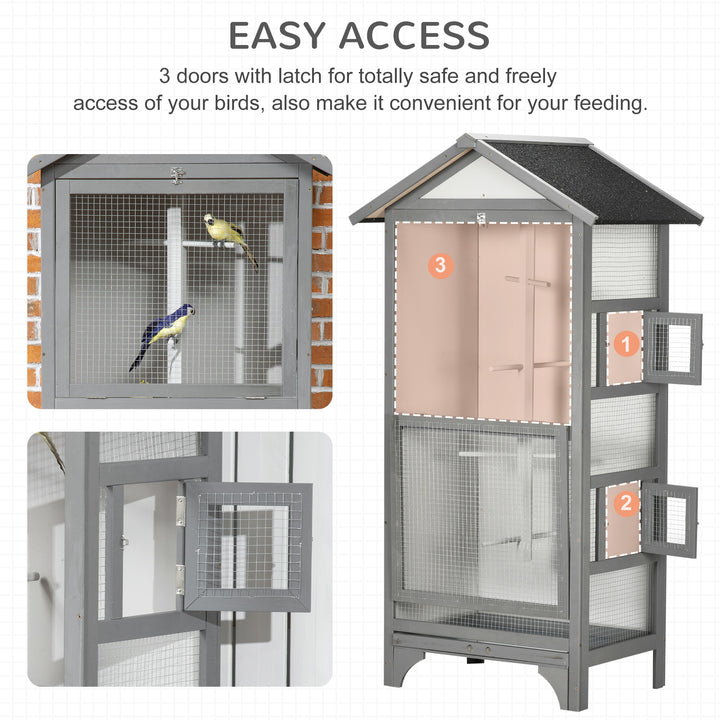 PawHut Wooden Bird Aviary Parrot Cage Pet Furniture with Removable Bottom Tray, 2 Doors, Asphalt Roof, 4 Perches, Light Grey