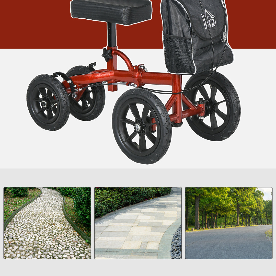 HOMCOM Adjustable Steerable Knee Walker, Foldable Knee Scooter with Rubber Wheels, Dual Brake, Crutch Alternative, Red