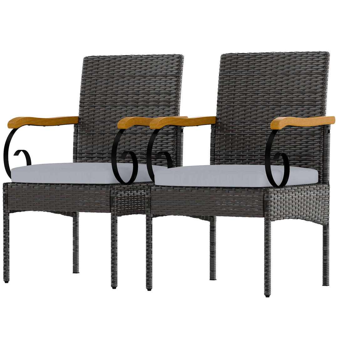 Outsunny Set of 2 Rattan Outdoor Dining Chairs, Wicker Patio Chairs with Removable Cushion, Acacia Wood Armrests, Light Grey