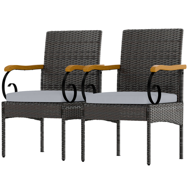 Outsunny Set of 2 Rattan Outdoor Dining Chairs, Wicker Patio Chairs with Removable Cushion, Acacia Wood Armrests, Light Grey