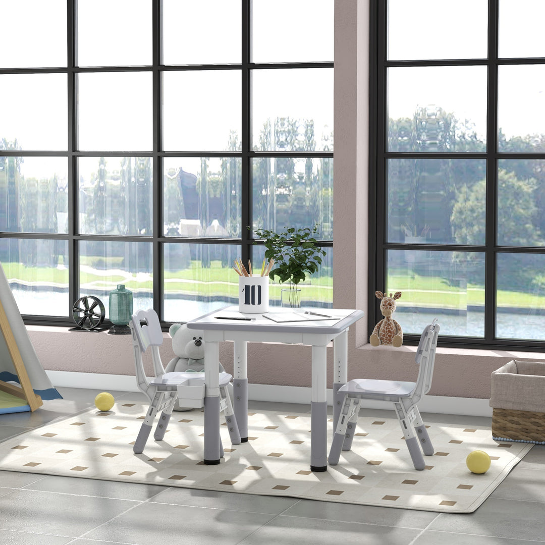 Qaba 3 Pieces Toddler Table and Chair Set, Height Adjustable Kids Table and Chair Set w/ Storage, for Playroom Grey