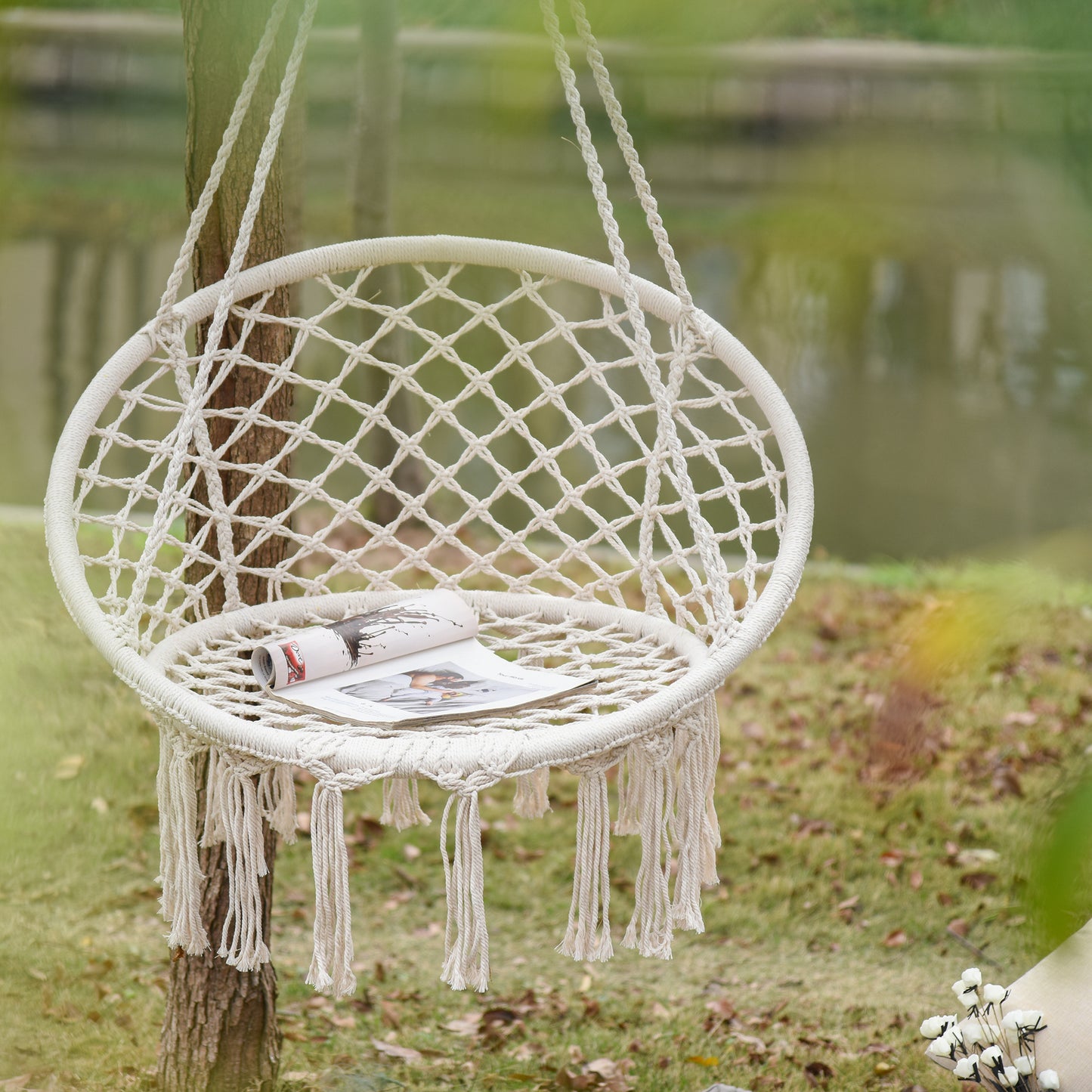 Outsunny Patio Hammock Chair, Hanging Rope Hammock Swing for Indoor & Outdoor Use with Backrest, Cotton-Polyester Blend, Fringe Tassels, Dark Grey