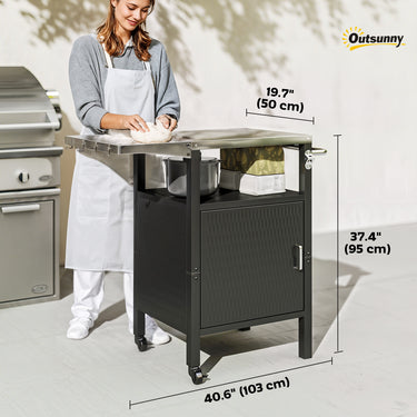Outsunny Outdoor Grill Dining Cart with Stainless Steel Top, Pizza Oven Stand Table with Foldable Side Table, Silver