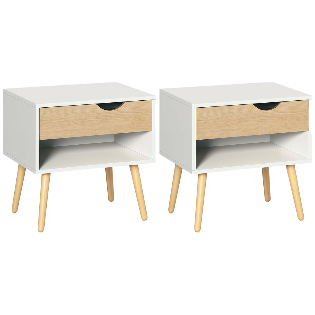HOMCOM Set of 2 Bedside Table with Drawer and Shelf, Modern Nightstand with Wooden Legs, End Table for Bedroom, White