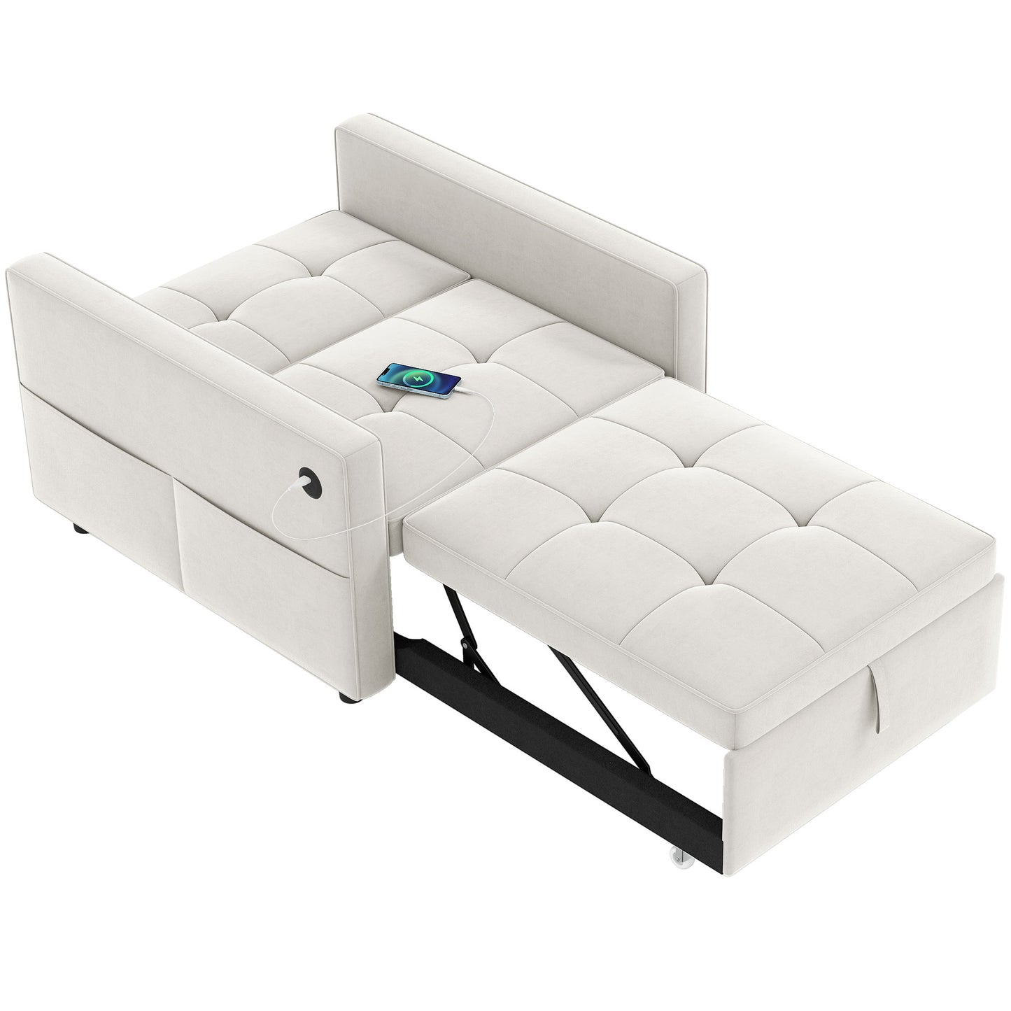 HOMCOM Convertible Chair Bed, Pull Out Sleeper Chair with USB, Adjustable Backrest, Small Velvet Futon Sofa Bed, Grey