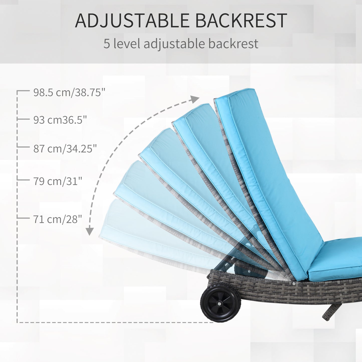 Outsunny Outdoor Adjustable Wicker Chaise Lounge Chair with Cushion & Wheels for Patio, Deck, Poolside, Sky Blue