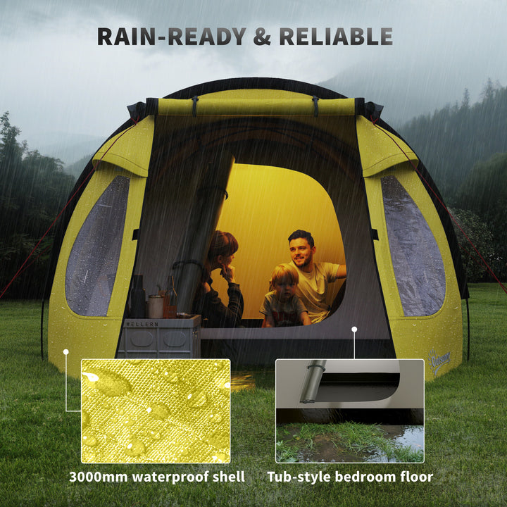 Outsunny 3-4 Person Camping Tent, Easy Set Up Dome Tent with Porch, Waterproof Family Tent with Bedroom and Sewn-in Groundsheet
