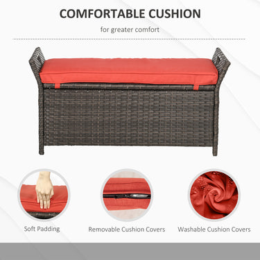 Outsunny 2-In-1 Outdoor PE Rattan Storage Bench, 29 Gallon Patio Wicker Furniture, Basket Box with Handles and Cushion Red