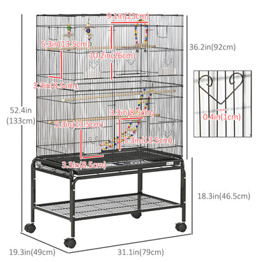 PawHut 52" Bird Cage with Rolling Stand, Toys, for Budgies Canaries Black