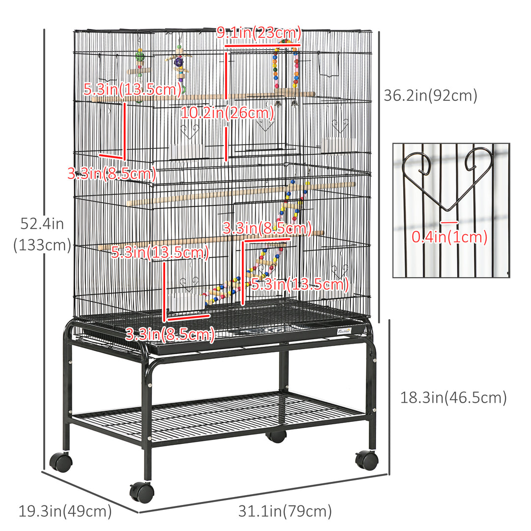 PawHut 52" Bird Cage with Rolling Stand, Toys, for Budgies Canaries Black