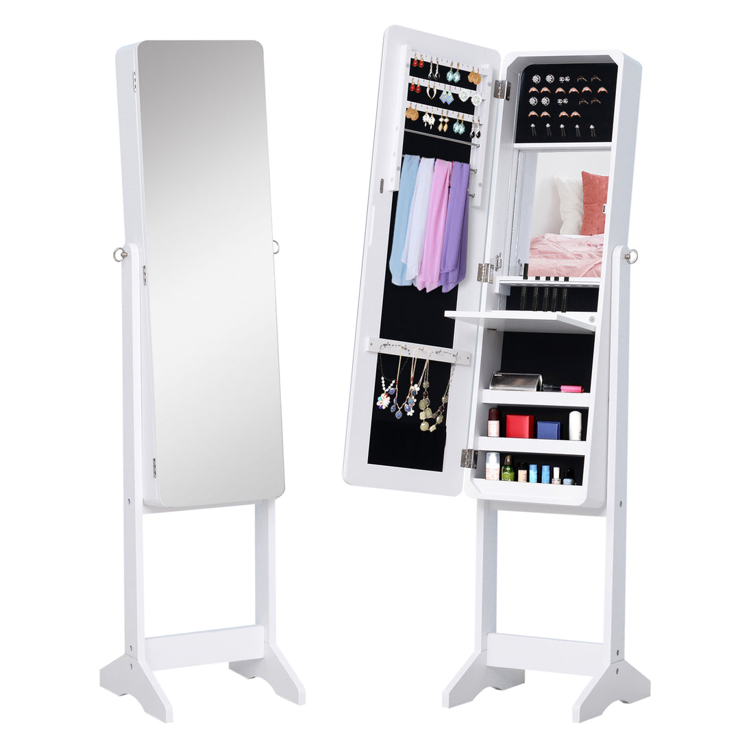 HOMCOM Freestanding Mirror Jewelry Cabinet Armoire, LED Lighted Jewelry Organizer with Stand, Angle Adjustable, White
