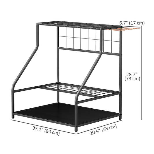 Outsunny 3-Tier Yard Tool Tower Rack, Garden Tool Organizer with Hooks for Long-Handled Rakes, Shovel, Broom, Orange