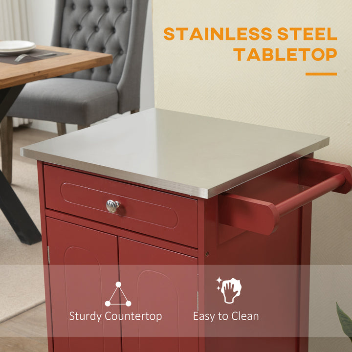 HOMCOM Kitchen Cart, Small Kitchen Island, Stainless Steel Top Utility Trolley on Wheels with Storage Drawer for Dining Room, Kitchen (White)