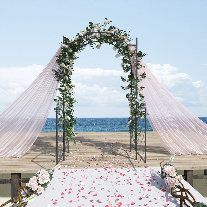 Outsunny 7FT Metal Garden Arch with Gate Climbing Planter Frame Backyard Decor for Vines Morning Glory Black