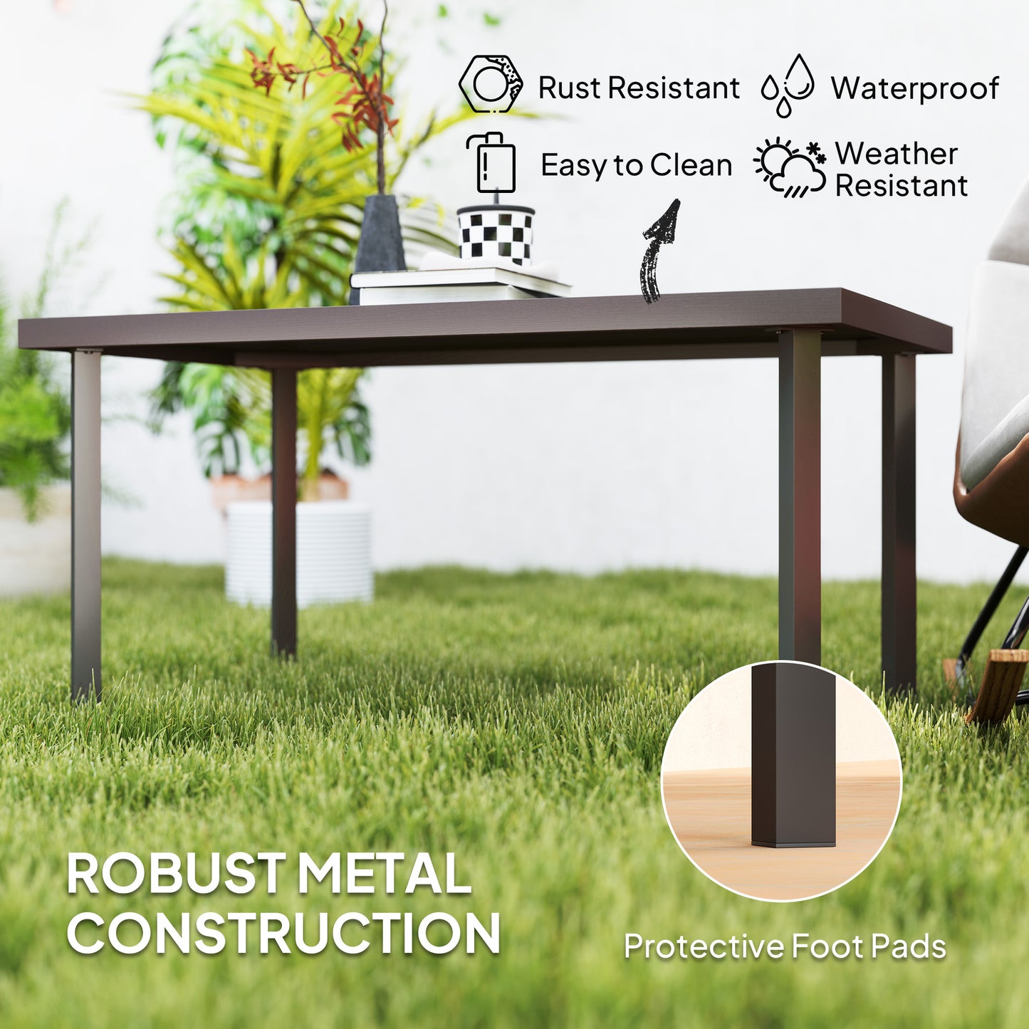 Outsunny Metal Outdoor Side Table, Rectangle Patio Coffee Table with Woodgrain Tabletop for Outside Garden, Brown