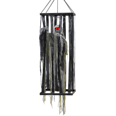 Outsunny Animatronics Hanging Skeleton Reaper in Cage, Voice-Activated Prop with Flashing Eyes, Easy Setup Indoor